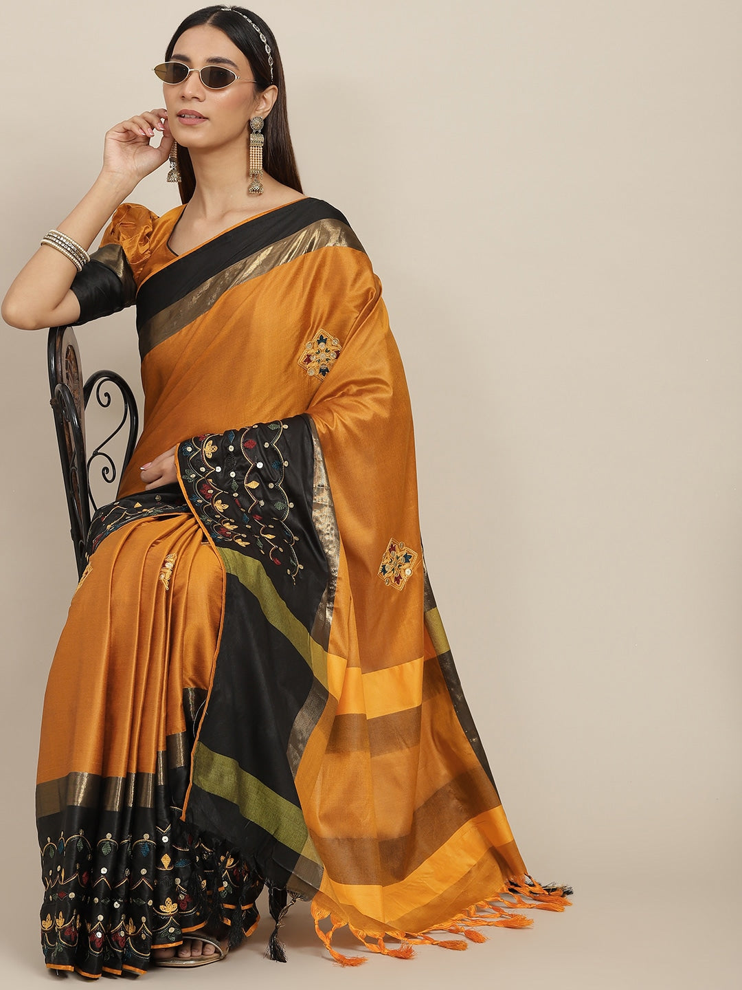 Mustard Yellow & Black Floral Sequinned Silk Cotton Saree