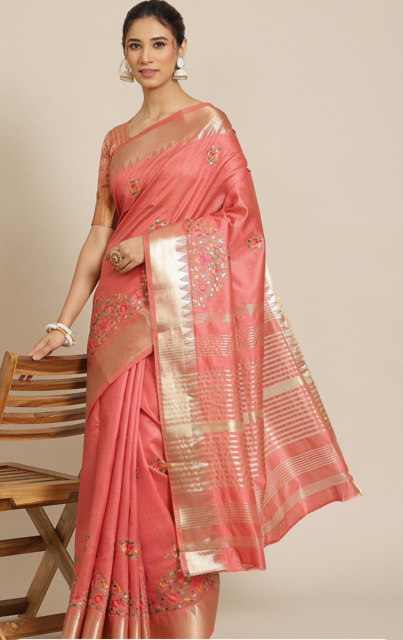 Shagun Saree Peach-Coloured & Golden Floral Silk Cotton Saree