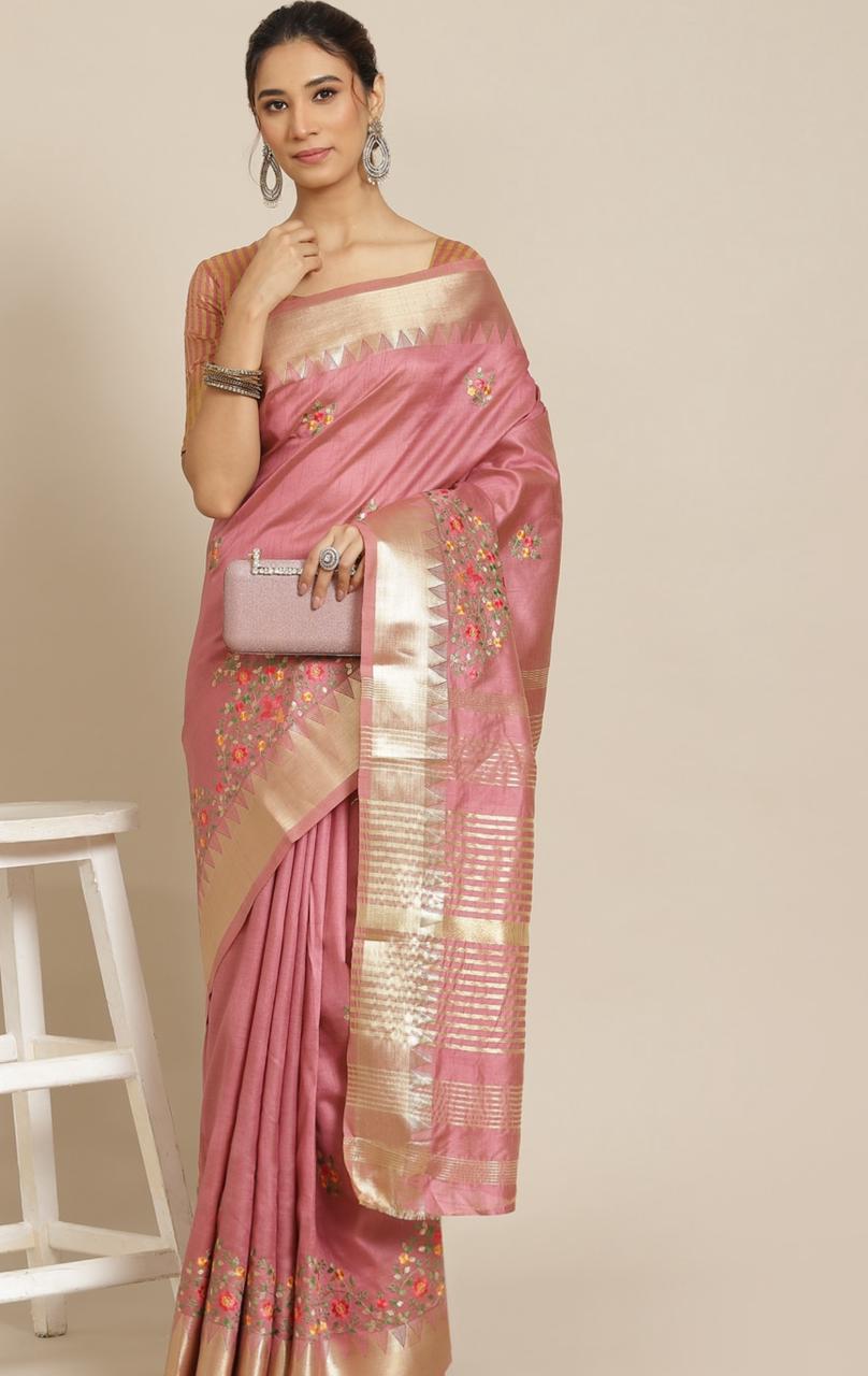 Pink Floral Embroidered Silk Cotton Saree