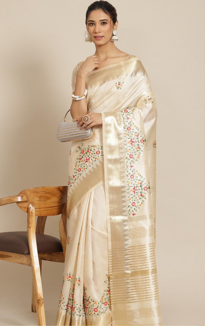 Shagun Saree White & Golden Floral Embroidered Silk Cotton Saree