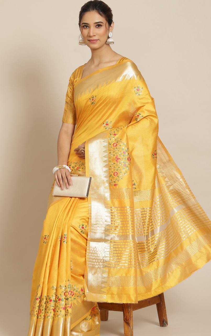 Yellow & Golden Floral Silk Cotton Saree