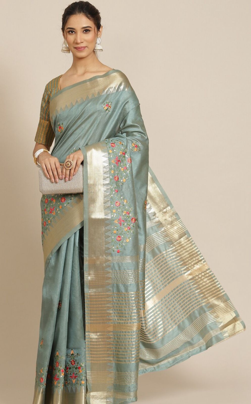 Turquoise Blue & Golden Floral Silk Cotton Saree