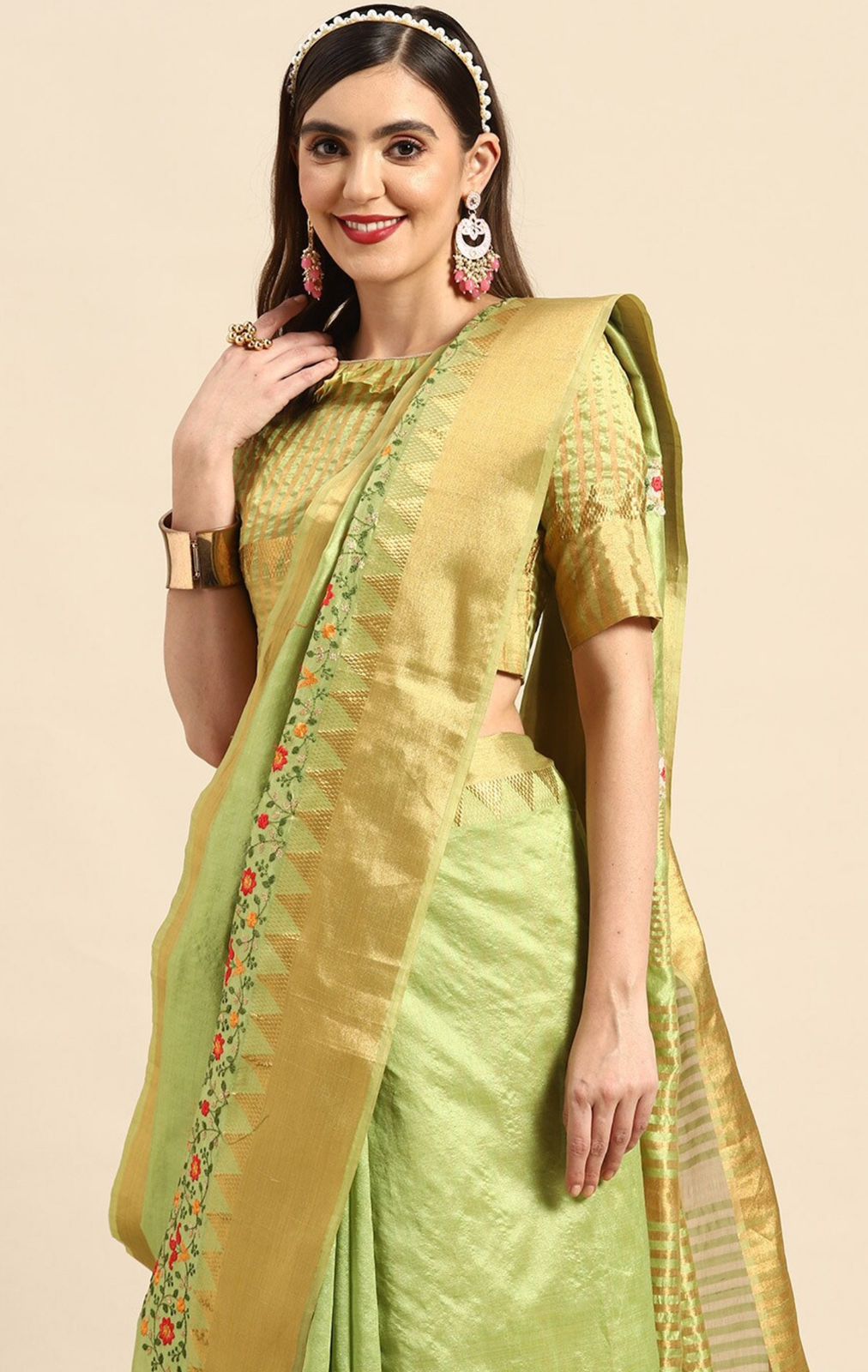 Lime Green Floral Embroidered Silk Cotton Chanderi Saree