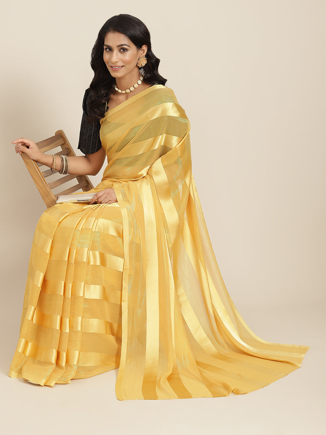 Yellow Striped Zari Silk Blend Saree