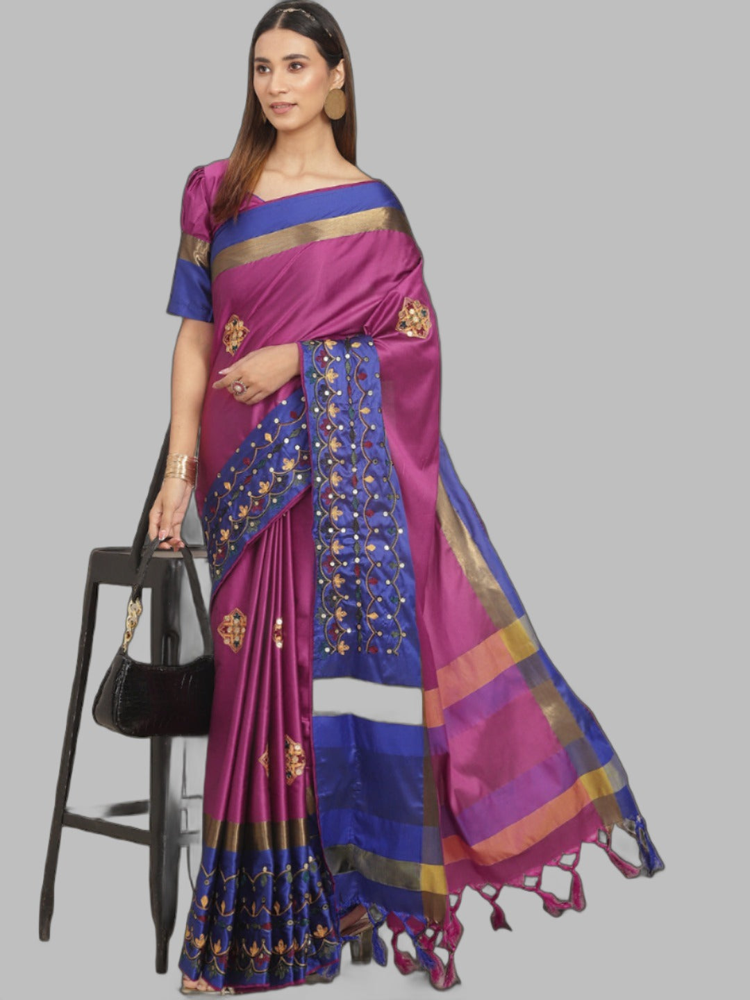 Magenta & Blue Floral Sequinned Silk Cotton Saree