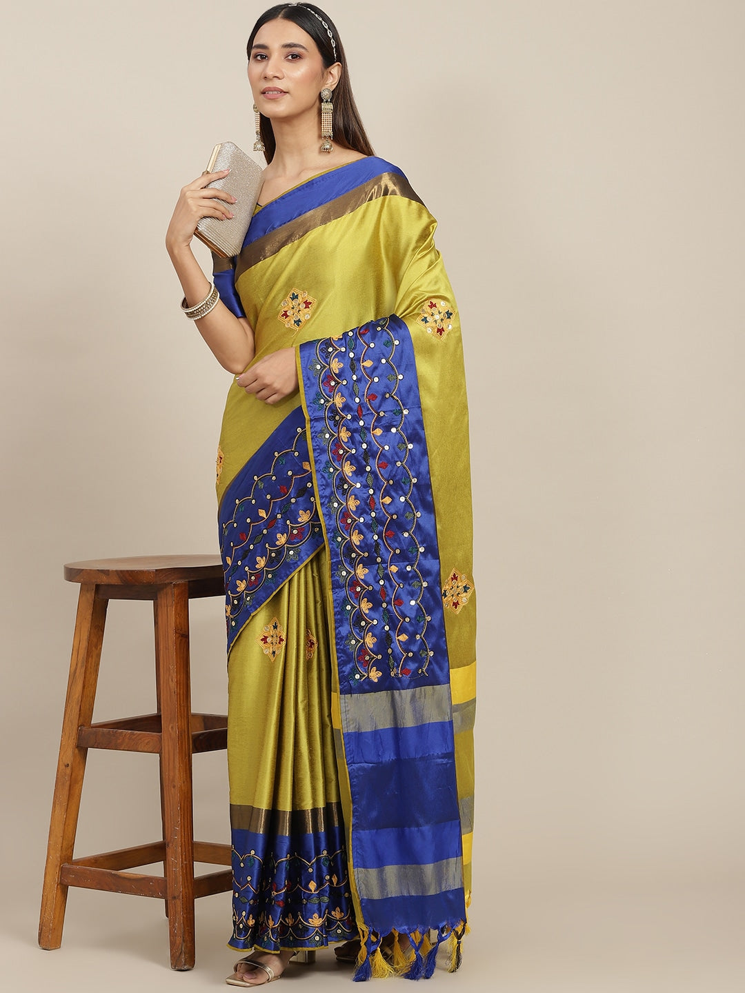 Yellow & Blue Floral Sequinned Silk Cotton Saree