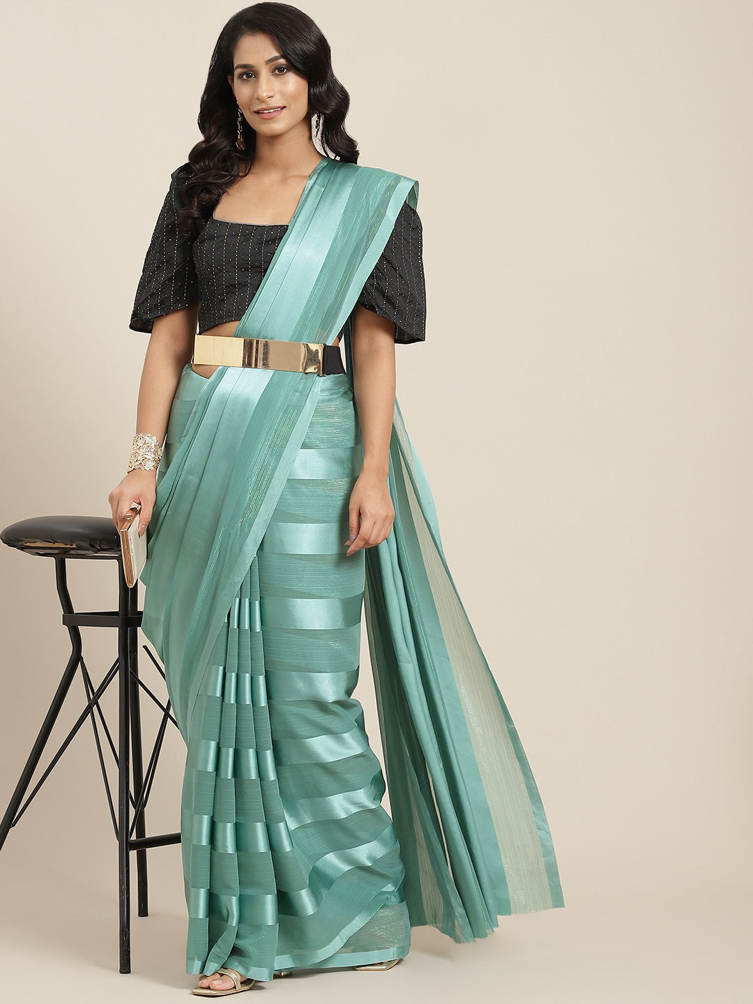 Turquoise Blue Striped Zari Silk Blend Kota Saree