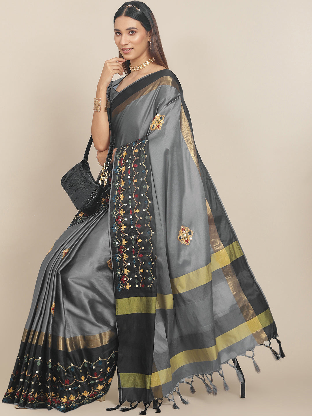 Grey & Black Floral Sequinned Silk Cotton Saree