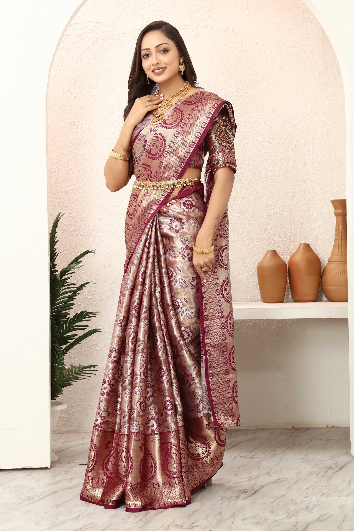 Tissue Silk Saree With Hand made unstitched Ari Work Blouse Design