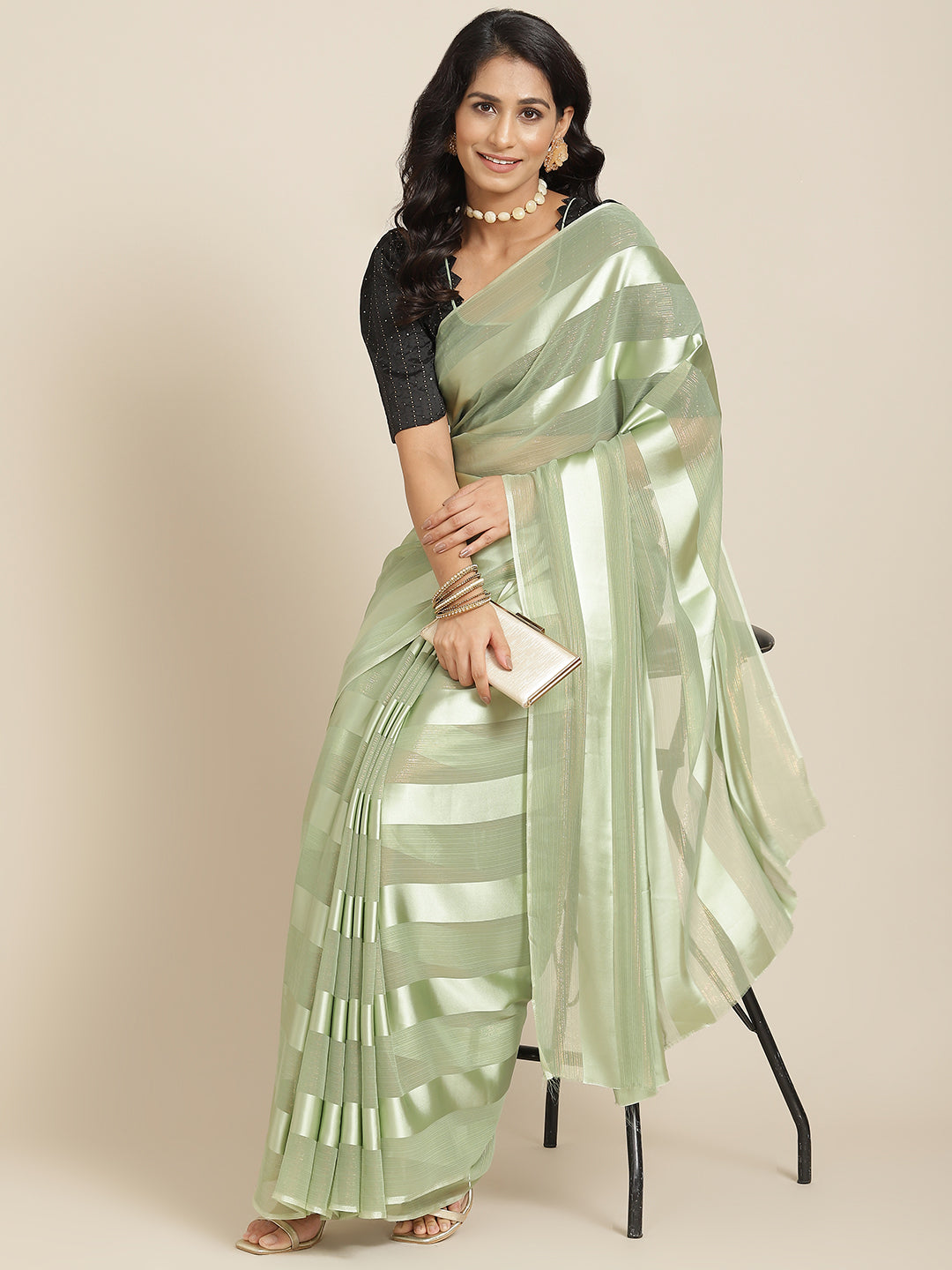 Green Striped Zari Silk Blend Saree